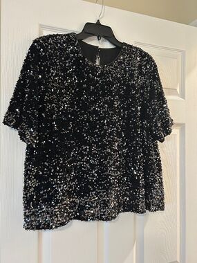Black Sequin Short Sleeve Blouse - Women